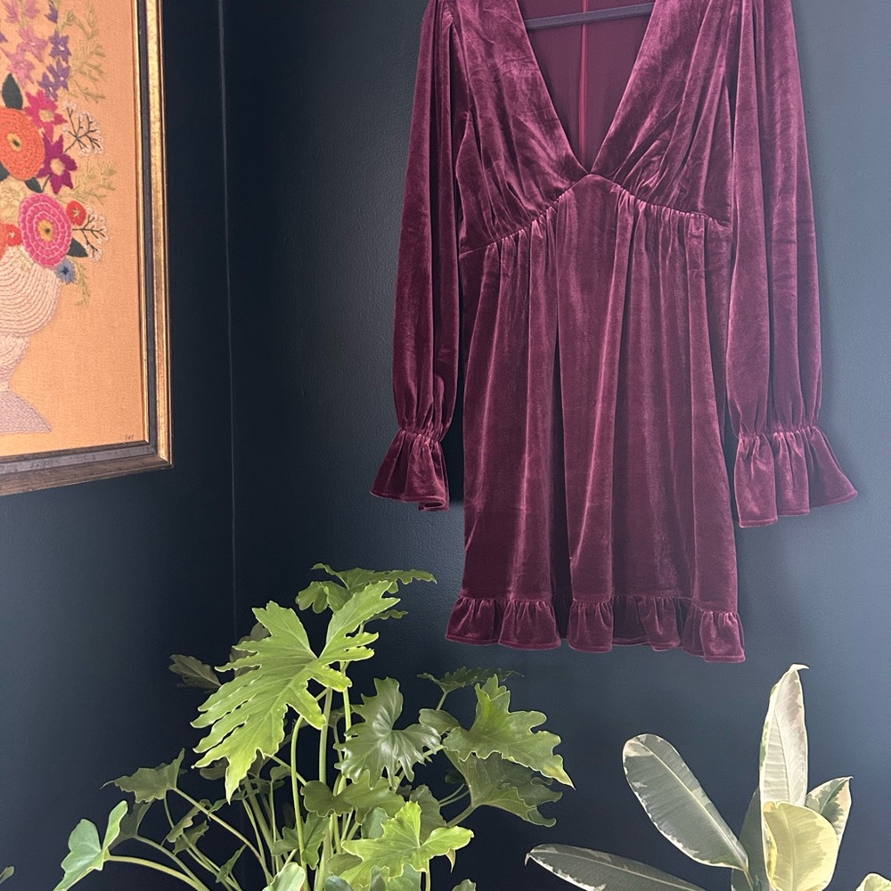 New Velvet Burgundy Dress with Ruffle Sleeves